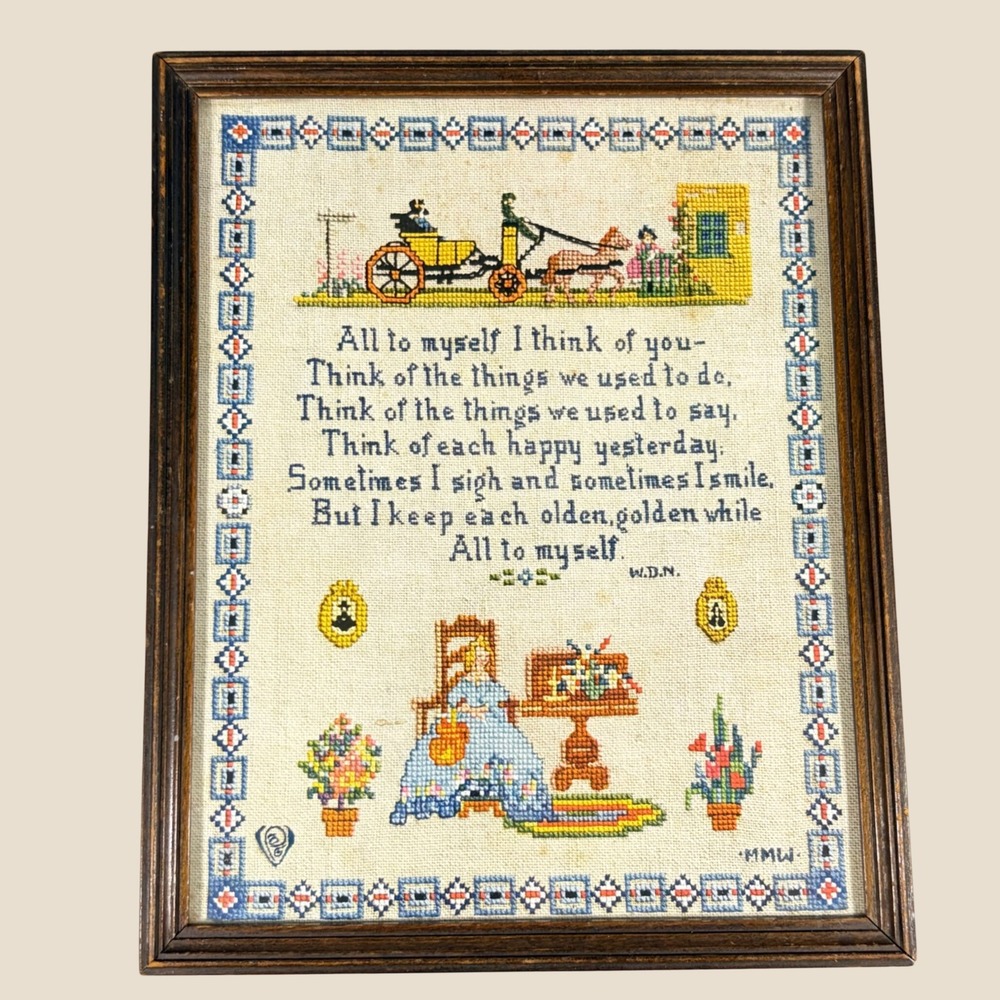 VTG Framed Cross Stitch Sampler All To Myself Poem Colonial Folk Art Cottagecore